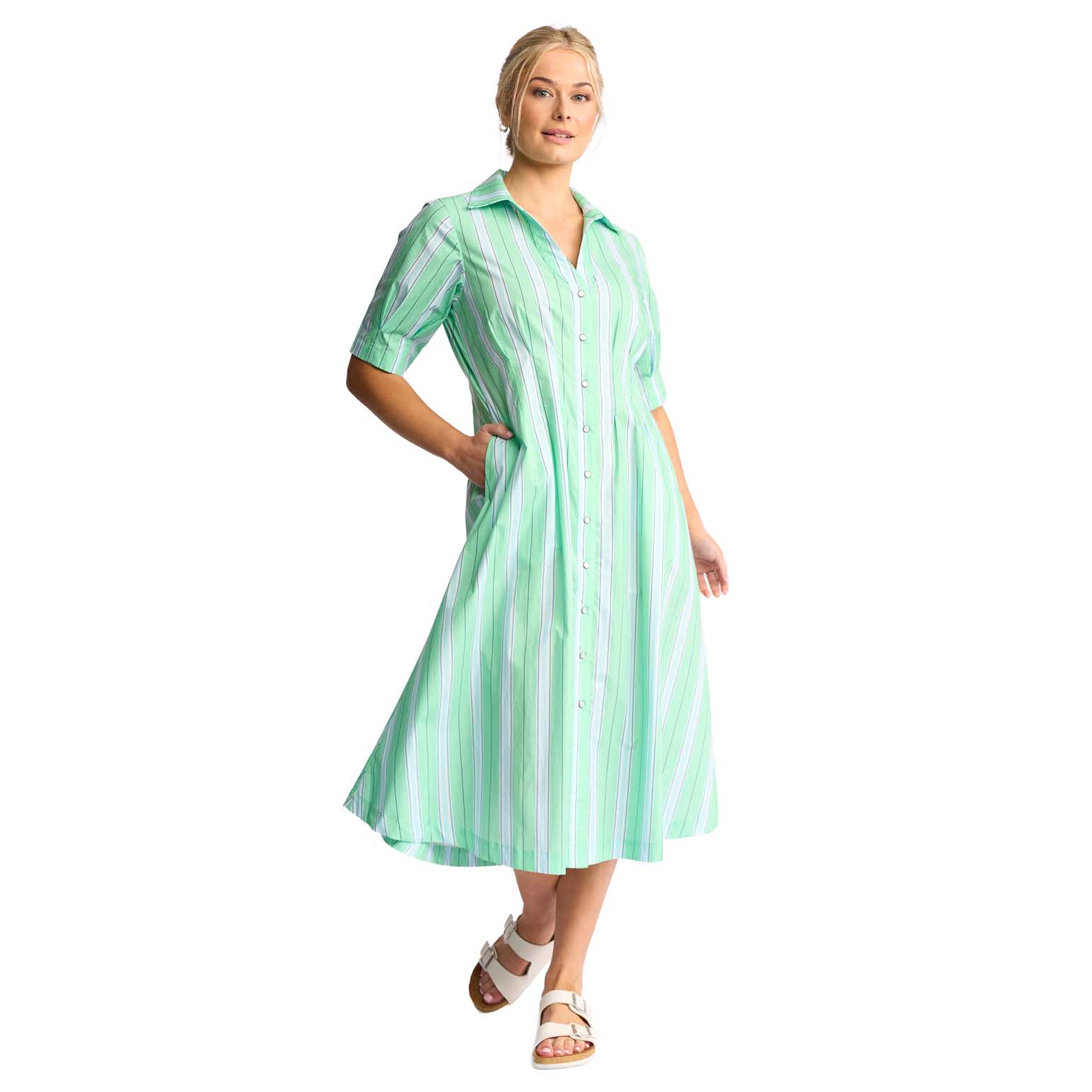 Vassalli Shaped Waist Button Up Dress With Pockets